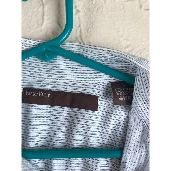 PERRY ELLIS Mens Size Large Button Down Dress Shirt Pinstripe LS 100% Cotton - Picture 4 of 5
